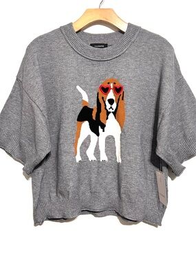 Anthropologie Novelty Graphic Grey Knit Sweater Beagle Embroidered Glasses NWT